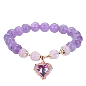 Роскошный натуральный фиолетовый хрустальный камень, аметист, бисер, бриллиант, драгоценный камень, сердце, подвеска, браслеты для женщин и девушек