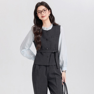 Women's Waist Cinching Vest Wide Leg Pants Set Solid Color Korean Style Spring Autumn Casual Suit Three Piece Outfit - Product Image 2