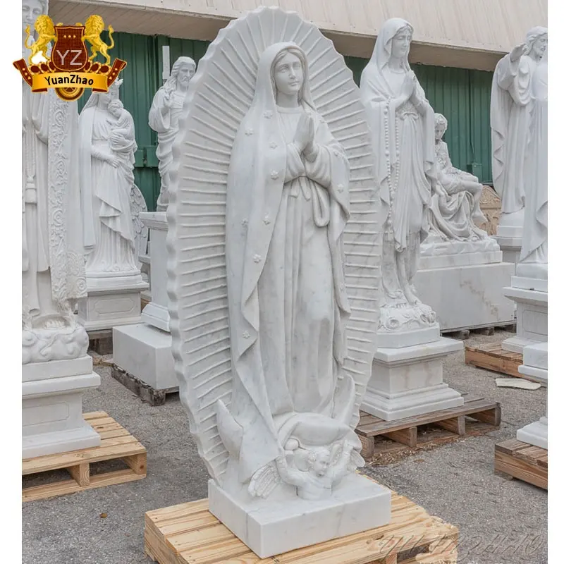 Decoración de la Iglesia religiosa tallada a mano mármol blanco escultura de la Virgen María tamaño real mármol SEÑORA DE Guadalupe estatua