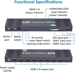 Contrôleur de mur vidéo 3x3 9 écrans 4K 30HZ, <span class=keywords><strong>2x2</strong></span> 2x3 4K 30Hz <span class=keywords><strong>HDMI</strong></span> DVI Type-C, processeur de raccordement multi-écrans pour TV, séparateur - Product Image 5