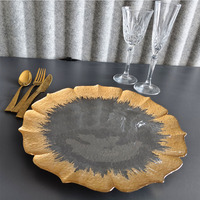 Assiette de présentation en verre transparent avec feuille d'or pour la location de fleurs - Assiette de service de 13 pouces pour la décoration de table de mariage, banquet et fête