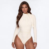 Nouvelle combinaison moulante sexy pour femme, couleur unie, col semi-montant, bretelles plissées, extensible, manches longues
