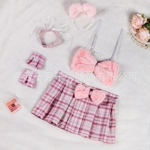 Wholesale of Mickey Mouse role-playing lingerie <b>set</b> featuring a pure and elegant plaid <b>suspender</b> print and bow. - Product Image 2