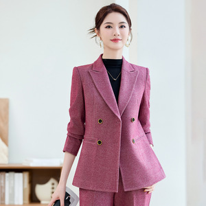 Women's Rose Red Wool Blend <b>Blazer</b> Two-Piece Suit <b>Set</b> For Commute Autumn Winter Warm Workwear - Product Image 3