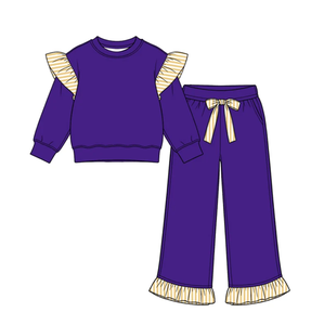 Ensemble en coton pour filles, très tendance : haut à volants contrastants à rayures et pantalon évasé à volants – Tenue deux pièces en coton pour enfants - Product Image 2