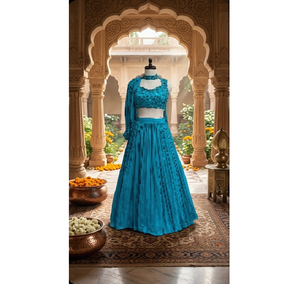 ชุดเลเฮนกา Midnight Shimmer สำหรับผู้หญิง ชุดงานแต่งงาน ชุดพื้นเมืองพร้อมผ้าคลุมไหล่ สไตล์ทันสมัย ไม่ยับ แห้งเร็ว - Product Image 1