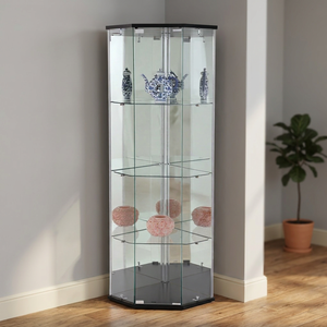 Hexagon Glass Display Cabinet With Tiered Shelves Black Base <b>Led</b> <b>Lighting</b> For Home Decor Exhibition Use - Product Image 2