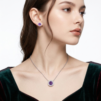 Ensemble de bijoux en argent 925 avec pierre naturelle améthyste, collier et boucles d'oreilles en améthyste naturelle pour femmes