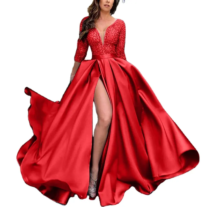 Wholesale High Quality European and American Women's Multicolored Bra V-neck Open Back Swing Vintage Gown Party Dress for Women