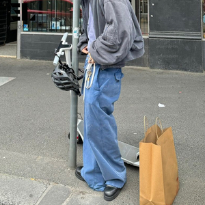 LARSUR Custom Factory Distressed Acid Wash Sun Faded Twill <strong>Moleskin</strong> Chore French Blue Work Pants Straight French Work <strong>Trousers</strong> - Product Image 5