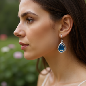 Pendientes de gota de agua de piedra azul con engaste de plata tibetana, joyería clásica para fiesta para mujer E4603 - Product Image 2