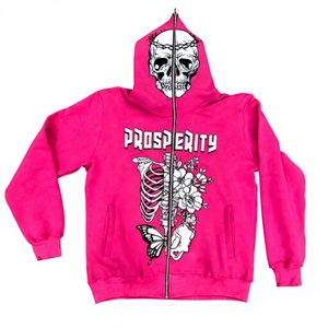 Sweat-shirt à capuche zippé unisexe en polaire rose, coupe régulière, motif Tête de Mort Gothique Prosperity, style streetwear automne, anti-boulochage, ODM - Product Image 1
