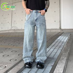 Fabrikant Custom Strass Oversized Wide Poot Zuur Wassen Distressed Baggy Flare Jean Broek Denim Jean Voor Mannen - Product Image 1