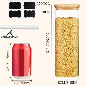 YOLOWE家居现代50盎司玻璃储物罐方形木制竹盖标志厨房餐具室食物派对储物容器蜂蜜 - Product Image 2