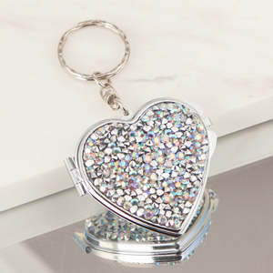 Mini Heart Bling Crystal Rhinestone <b>Compact</b> <b>Mirror</b> with Keychain Silver Metal Frame Dual Sided HD Glass Pocket <b>Mirror</b> - Product Image 4