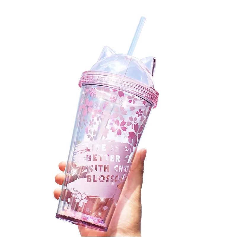 Top Seller Double Layer Plastic Cup with Straw Pink Cherry Blossoms Print Reusable Drinking Cups