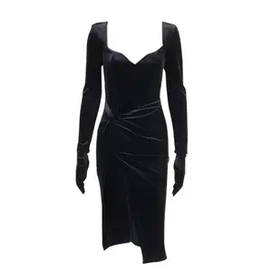 Женское бархатное платье с длинным рукавом, винтажное облегающее платье с Боковым Разрезом, Вечерние черные платья 2021