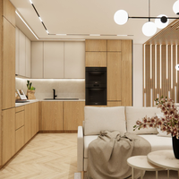 Meuble de cuisine moderne de luxe en bois sur mesure avec îlot en quartz, machine à laver intégrée, design sans poignée, accessoires à fermeture douce, en forme de L