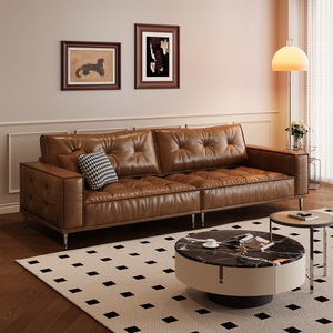 Vintage Italian Minimalist Oil Wax Leather Modern Style <b>Three</b> Seat Modular Sponge for Hotel Apartment - Product Image 1