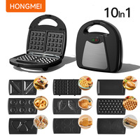 Machine à petit-déjeuner multifonction 10-en-1 en plastique, gaufrier, machine à sandwichs et à beignets à double plaque pour usage domestique, revêtement antiadhésif