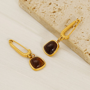 Zogxin Brown Natural Stone Clip-on Earrings Gold Geometric Bezel Setting Party Jewelry - Product Image 4