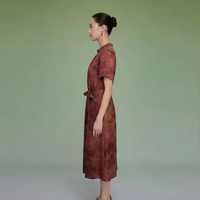 Robe de luxe haut de gamme pour femme en soie Gambiered Canton 100% soie de mûrier, col mandarin, coupe ajustée, ligne A, manches courtes, longueur midi
