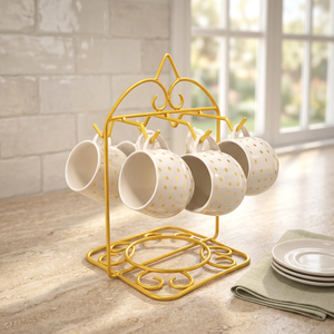 Support à tasses en métal en forme d'arche avec plateau à vaisselle, type sur pied, rangement de cuisine moderne pour vaisselle, design durable, finition dorée - Product Image 6