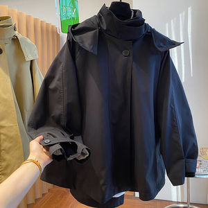 2025 primavera e autunno nuovi cappotti da donna larghi Casual con cappuccio retrò monopetto corti tinta unita - Product Image 4