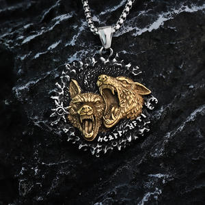 Nordic Retro Viking Double <b>Celtic</b> Wolf Stainless Steel Pendant <b>Necklace</b> For Men - Product Image 2