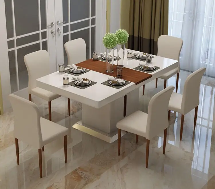 저렴한 현대 식당 레스토랑 가구 디자인 화이트 우드 6 인승 저녁 식사 테이블 의자