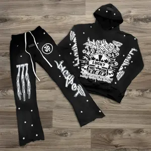 YIJIN Manufacturer Heavyweight Cotton Puff Print 2 Pieces Men Custom Logo Tracksuits Flared Sweatpants And Hoodie Sets