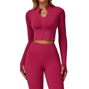 Outdoor Running Zip-Up Yoga <b>Jacket</b> Women Long-Sleeve <b>Workout</b> Tops Breathable Quick Dry Nylon Spandex Front Logo Thumb Hole Stand - Product Image 1