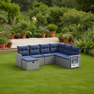 Set di divani da giardino in polyrattan grigio da 7 pezzi con cuscini, set da giardino, mobili da esterno - Product Image 2