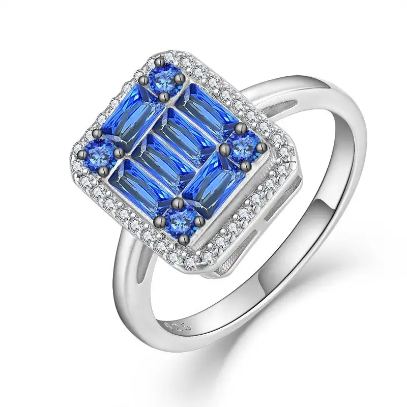 YH JEWELLERY Fine Jewellery Wedding Spinel Princess Cut Blue Cz Main Stone Rings And White CZ Zircon Round Cut Ring