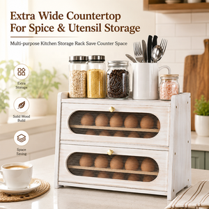 Shabby Chic Bamboo 2-Tier Pull-Down Door Egg Organizer, Transparent Egg Holder with Recessed Window, Kitchen Countertop Egg <strong>Stor</strong> - Product Image 2