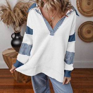 <span class=keywords><strong>Sudadera</strong></span> de Mujer con Cuello en V Profundo, Manga Larga, Diseño a Rayas con Bloques de Color, Estilo Holgado, Informal, para Estar en Casa - Product Image 1