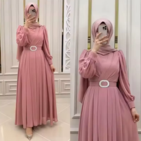 Robe musulmane pour femme de Dubaï, manches longues, col rond, couleur unie, en mousseline de soie, Abya avec ceinture