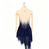 Robe de patinage artistique à manches longues dégradé bleu marine avec dos découpé et strass pour performance de danse sur glace pour enfants