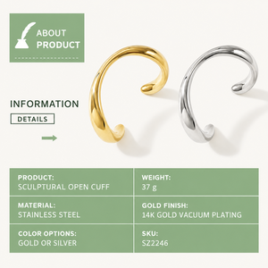 Bracelet manchette ouverte sculptural, en acier inoxydable, options de couleurs or et argent, option plaqué or 14 carats sous vide - Product Image 4