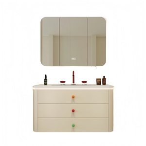Meuble de salle de bain haut de gamme en panneau mélaminé crème avec poignées colorées et unité de rangement - Product Image 5