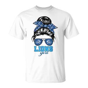 T-shirt Lions Girl Messy Bun, design assorti pour les fans de sport et les équipes - Product Image 1