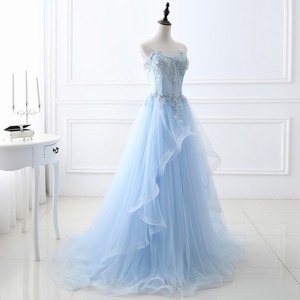 Light Blue Strapless Ball Gown Empire Waist Floral Print Evening Dress For Graduation Party Performance - Product Image 2