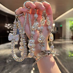 Glitter Rhinestone Crystal Bow Tie Lanyard Keychain Bling Pearl Chain Beaded Key Chain Phone Case Charms Key Ring Luxury Jewelry