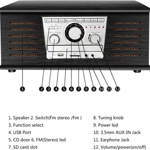 Tourne-disque vintage en bois, directement de l'usine, 6 en 1 multifonction, lecteur de vinyle LP, compatible CD, radio FM, Bluetooth, USB, TF. - Product Image 4