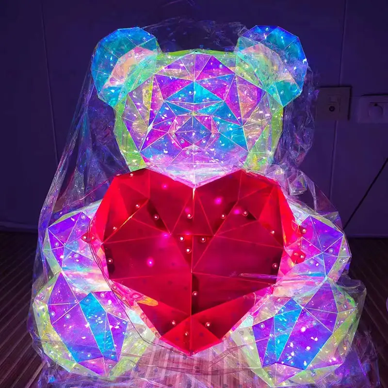 new product ideas 2022 LED light teddy bear birthday decoration holographic film pvc colorful bear for valentines day gift