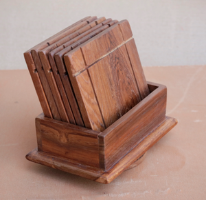 Minimalist Teak <b>Wood</b> Coaster Sets (6-<b>Piece</b> with Holder) - Product Image 2