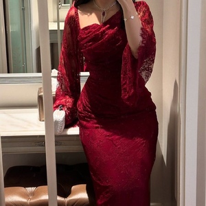 Vestidos de Fiesta Elegantes de Manga Larga con Cuello Drapeado para Mujer, de Encaje Transpirable, Antiestáticos, con Cintura Natural, para Eventos Nocturnos - Product Image 6