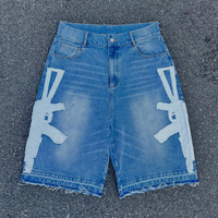 Shorts en Jean Baggy Bleus Homme Personnalisés Y2K Streetwear avec Broderie Applique Patchwork