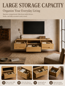 Modern Floating Oak TV Cabinet Wall Mounted Japandi TV Stand Minimalist Solid Wood <strong>Media</strong> Console <strong>Unit</strong> with Rounded <strong>Corners</strong> - Product Image 4