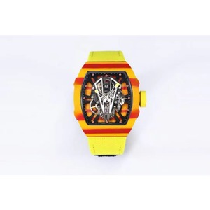 A high-end and fashionable men's <b>watch</b> with a visible dial and a carbon fiber <b>skeletonized</b> design in yellow and red - Product Image 6